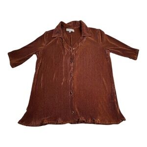 Absolutely Famous Womens Metallic Ribbed Collared Button Shirt Top Brown Size M